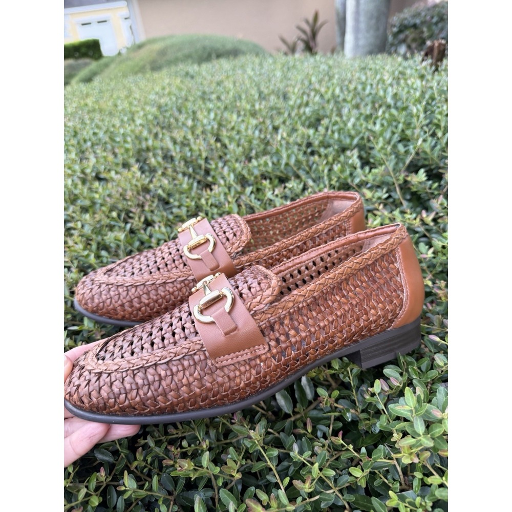 Arezzo Leather Loafers 6 Brown Woven Horsebit Flat Mules Made in Brazil